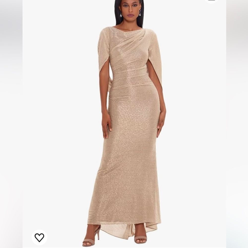 Betsy & Adam Women's Long Stretchy Metallic Cowl Neck Drape Back Dress